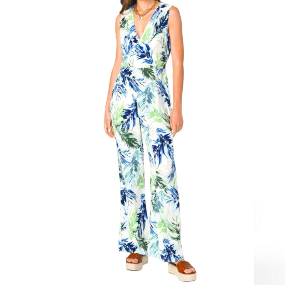 Adelyn Rae Floral Nevina Jumpsuit Tropical Resortwear White Blue Green Size S